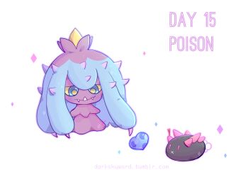 Rule 34 | !, artist name, blue eyes, colored sclera, darkskyward, english text, fangs, gen 7 pokemon, heart, looking at another, mareanie, nintendo, no humans, pokemon, pokemon (creature), pyukumuku, simple background, spikes, tumblr username, watermark, web address, white background, yellow sclera