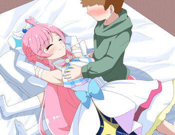 1boy 1girl ^_^ absurdres age_difference aikawa_ryou armpits arms_behind_head arms_up bed blush braid brown_hair closed_eyes closed_mouth commission cure_prism dress elbow_gloves faceless faceless_male gloves green_hoodie highres hirogaru_sky!_precure hood hood_down hoodie long_hair lying massage nijigaoka_mashiro no_shoes nose_blush on_back on_lap onee-shota pillow pink_hair pixiv_commission precure sitting sleeveless sleeveless_dress smile socks soles twin_braids very_long_hair white_dress white_gloves white_socks