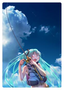 1girl aqua_eyes aqua_hair armpits cloud colored_eyelashes day female_focus fishing fishing_rod flying_sweatdrops hatsune_miku highres life_vest long_hair midriff nail_polish navel open_mouth sky solo surprised toned toned_female twintails upper_body very_long_hair vocaloid wide-eyed wokada