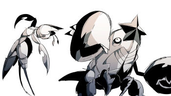 2others absurdres animal_focus crawdaunt gen_3_pokemon gen_5_pokemon highres jumping leavanny looking_ahead monochrome multiple_others nintendo no_humans pokemon pokemon_(creature) pokemon_focus standing uranosaxia