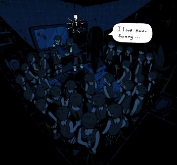 6+boys 9twoeight animated animated_gif bathroom black_footwear black_hair black_socks black_sweater_vest collared_shirt colored_skin english_text faceless faceless_male indoors light_bulb multiple_boys omori omori_(omori) shirt short_hair short_sleeves socks something_(omori) speech_bubble sunny_(omori) sweater_vest white_shirt white_skin white_socks