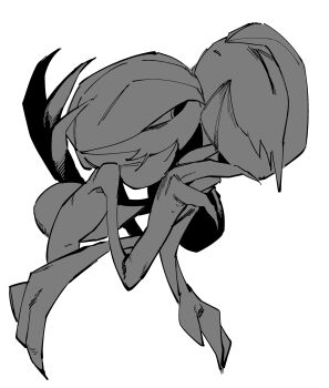 2girls absurdres bags_under_eyes bob_cut closed_eyes female_focus from_side gardevoir gen_3_pokemon green_hair greyscale hair_over_one_eye hand_on_another&#039;s_shoulder hand_up head_back highres kissing_neck leaning_back leaning_forward monochrome multiple_girls nintendo one_eye_covered pokemon pokemon_(creature) profile short_hair simple_background sketch tem_(tem_konp10) white_background yuri