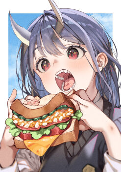 1girl aoki_ruri blue_hair blue_sky cloud eyelashes food hair_between_eyes horns kink_(tortoiseshell) open_mouth red_eyes ruridragon sandwich school_uniform short_hair sky star_(symbol) star_in_eye sweater_vest symbol_in_eye teeth tongue twitter_username