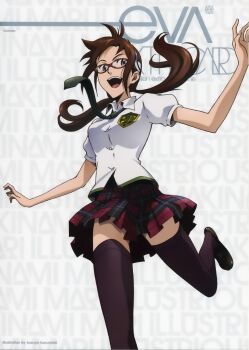 Rule 34 | 00s, 1girl, absurdres, breasts, brown hair, evangelion: 2.0 you can (not) advance, female focus, glasses, hairband, highres, long hair, makinami mari illustrious, necktie, neon genesis evangelion, plaid clothes, plaid skirt, rebuild of evangelion, scan, school uniform, skirt, smile, solo, thighhighs, tsurumaki kazuya, twintails, zettai ryouiki