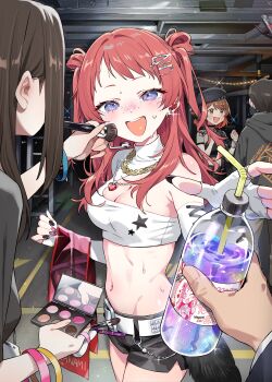 2girls 3boys absurdres applying_another's_makeup applying_makeup applying_rouge belt beret black_hat black_shorts blue_eyes bottle breasts brown_eyes brown_hair cleavage commentary_request cosmetics crop_top drinking_straw earrings gakuen_idolmaster gradient_hair hair_ornament hairclip hanami_saki hanami_ume hat headset highres holding holding_bottle holding_brush holding_makeup_brush idol_clothes idolmaster jewelry kunikune large_breasts long_hair looking_at_viewer makeup makeup_brush makeup_palette micro_shorts midriff multicolored_hair multiple_boys multiple_girls navel open_mouth reaching rouge_(makeup) shirt shorts siblings sisters smile super_stamina_drink_(gakuen_idolmaster) sweat two_side_up upper_body white_belt white_shirt