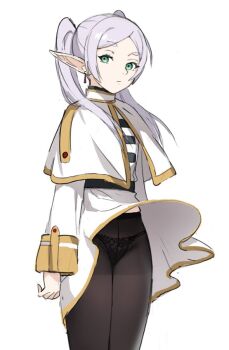 1girl black_panties capelet closed_mouth dress elf expressionless frieren green_eyes grey_hair jason_kim lace lace_panties long_hair long_sleeves looking_at_viewer panties panties_under_pantyhose pantyhose parted_bangs pointy_ears sketch solo sousou_no_frieren standing twintails underwear white_capelet white_dress white_hair wind wind_lift