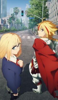 1boy 1girl aineko armor blonde_hair blue_eyes blue_sweater braid building cape city closed_mouth command_spell commentary_request crosswalk expressionless fate/grand_order fate/strange_fake fate_(series) foreshortening full_body game_cg glasses looking_at_viewer medium_hair official_art orange_eyes outdoors partial_commentary red_cape richard_i_(fate) sajou_ayaka_(fate/strange_fake) shadow skirt skyscraper smile standing sweater third-party_source traffic_light yamada_yuukei
