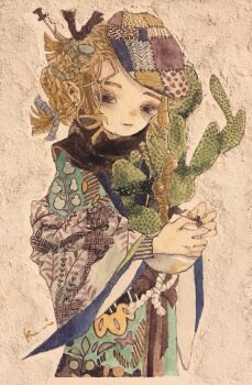 Rule 34 | 1girl, acrylic paint (medium), blonde hair, braid, brown eyes, brown hair, cactus, closed mouth, commentary request, expressionless, flower, hat, highres, holding, holding flower, japanese clothes, karintoun, kimono, looking at viewer, medium hair, original, painting (medium), patchwork, plant, portrait, scarf, short hair, sidelocks, signature, simple background, traditional media, watercolor (medium)