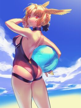 1girl 2022 artist_name ass ball bare_shoulders beachball blonde_hair blue_sky braid breasts closed_mouth cloud dated day fate/grand_order fate_(series) head_wings highres holding holding_ball looking_at_viewer medium_breasts one-piece_swimsuit outdoors purple_one-piece_swimsuit red_eyes rindr_(fate) short_hair sky solo standing sweat swimsuit valkyrie_(fate) wings yuccoshi