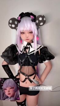 1girl 2025 animated asymmetrical_legwear audible_music ball bare_legs bat_wings black_bonnet black_bow black_cape black_shorts black_sleeves black_thighhighs blunt_bangs bonnet bow bow_legwear breasts cape chinese_(nationality) chinese_commentary chinese_text claw_pose collar commentary cosplay dancing deborah_(under_the_witch) deborah_(under_the_witch)_(cosplay) demon_girl demon_tail detached_collar detached_sleeves ewhitewolf feet_out_of_frame female_focus finger_to_own_chin fishnet_gloves fishnets gloves hair_ornament hair_over_shoulder hands_on_own_hips headgear highres indoors jiu_jiu_shi_tiancai juliet_sleeves long_sleeves looking_at_viewer midriff multiple_views music navel numericgazer o-ring open_mouth otokura_yui_(voice_actor) panties photo_(medium) pink_ribbon polka_dot prehensile_tail puffy_sleeves purple_eyes real_life red_lips reference_inset revealing_clothes ribbon ribbon-trimmed_legwear ribbon_trim shorts sidelocks sitting small_breasts smile smug sound standing stirrup_legwear striped_clothes striped_panties tail taunting thighhighs thighs third-party_edit toeless_legwear under_the_witch underwear video waist_cape white_collar white_hair wings