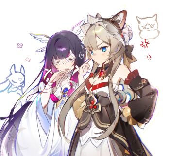 2girls anger_vein animal animal_ears bare_shoulders black_dress black_hair blue_eyes breasts brown_hair cat_ears cleavage closed_eyes closed_mouth columbina_(genshin_impact) detached_sleeves dress ganxiaoning genshin_impact gradient_hair hair_between_eyes hair_ornament hashtag-only_commentary highres luonnotar_(genshin_impact) multicolored_hair multiple_girls pink_hair purple_hair sandrone_(genshin_impact) white_dress wing_hair_ornament x_hair_ornament