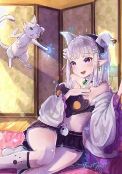 Rule 34 | !?, 1girl, absurdres, alternate costume, animal ear hairband, animal ears, bare shoulders, black bra, black choker, black skirt, blush, bra, braid, cat, cat ear hairband, cat ears, choker, collarbone, commentary request, crown braid, detached sleeves, earrings, elf, emilia (re:zero), fake animal ears, feet out of frame, flower, hair flower, hair ornament, hairband, hand on own chest, hand up, highres, indoors, jewelry, justjast, long hair, long sleeves, miniskirt, navel, off shoulder, on floor, open mouth, pleated skirt, pointy ears, print bra, print socks, puck (re:zero), purple eyes, re:zero kara hajimeru isekai seikatsu, sitting, skirt, socks, solo, thighs, underwear, white sleeves, white socks, wide sleeves, wooden floor, x hair ornament