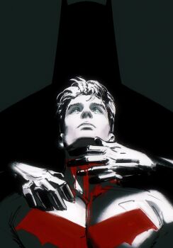 anthonykaen bat_signal batman batman_(series) batman_symbol black_bodysuit black_gloves black_hair bleeding blood blood_on_body blood_on_clothes blood_on_neck blue_eyes bodysuit bruce_wayne cuts dc_comics gloves grey_bodysuit highres injury jason_todd male_focus monochrome multicolored_bodysuit multicolored_hair multiple_boys muscular muscular_male red_hood_(dc) red_hood_and_the_outlaws short_hair slit_throat superhero_costume taut_bodysuit two-tone_bodysuit