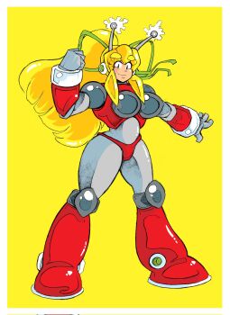 1girl android antennae arm_up armor armored_boots armored_gloves arms_up ass bikini_armor blonde_hair blue_eyes boots breasts clenched_hand fighting_stance full_body green_ribbon hair_ribbon hairband headphones highres hyper_roll_(marvel_vs._capcom) joints knee_boots knee_pads large_breasts lineart long_hair looking_at_viewer marvel_vs._capcom mechanical_arms mechanical_boots mechanical_legs mega_man_(classic) mega_man_(series) open_mouth ponytail pumpkinsareholy radio_antenna red_armor ribbon robot robot_girl robot_joints roll_(mega_man) shoulder_armor sidelocks signature simple_background smile solo yellow_background