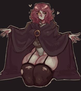 1girl absurdres black_background black_cloak black_thighhighs breasts brown_hair cloak closed_mouth commentary elden_ring english_commentary facial_mark full_body garter_straps grey_leotard hands_up heart highres hood hood_down hooded_cloak leotard leotard_under_clothes looking_at_viewer medium_breasts melina_(elden_ring) one_eye_closed parted_bangs seiza short_hair simple_background sitting smile solo thick_eyebrows thighhighs torn_clothes torn_thighhighs widisu yellow_eyes