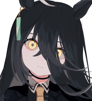 1girl ahoge animal_ears black_choker black_hair black_shirt black_suit chazuke choker closed_mouth coat collared_shirt ear_tag earrings formal_clothes hair_between_eyes head_tilt horse_ears horse_girl jacket jewelry long_bangs long_hair long_hair_between_eyes looking_at_viewer manhattan_cafe_(creeping_black)_(umamusume) manhattan_cafe_(umamusume) multicolored_hair necktie portrait shirt simple_background single_earring solo suit umamusume white_background white_hair yellow_eyes yellow_necktie