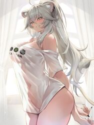 Rule 34 | 1girl, ahoge, animal ear fluff, animal ears, arms behind back, bare shoulders, black nails, bottomless, curtains, earrings, fang, green eyes, grey hair, grin, hair between eyes, high ponytail, highres, hololive, jewelry, lion ears, lion girl, lion tail, long hair, looking at viewer, looking down, nail polish, omoti (1201208), see-through, see-through silhouette, shirt, shishiro botan, shishiro botan (casual), sideways glance, smile, solo, standing, sunlight, tail, virtual youtuber, window