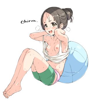 1girl accidental_exposure armpits ball barefoot bike_shorts blush breasts camisole character_name clothes_pull exercise_ball exercising full_body gakuen_idolmaster grey_hair hair_bun hamao highres idolmaster kuramoto_china loli looking_at_viewer navel nipples open_mouth panties pink_panties revision shorts shorts_pull simple_background single_hair_bun small_breasts solo sweat teeth toes underwear upper_teeth_only very_sweaty yellow_eyes