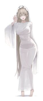 1girl absurdres barefoot blonde_hair blush breasts bright_pupils claw_pose commentary dress fangs full_body ghost_costume highres laneigu large_breasts long_dress long_hair long_sleeves looking_at_viewer mole mole_under_eye open_mouth original see-through_clothes simple_background skin_fangs smile solo tiptoes toenails toes veil very_long_hair very_long_sleeves white_background white_dress white_veil yellow_eyes yuzu_(laneigu)