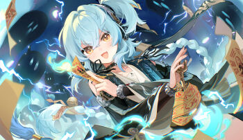 1girl absurdres bell black_jacket black_nails blue_hair braid buling_(wuthering_waves) chinese_commentary commentary_request cowboy_shot dress electricity fingernails hair_between_eyes headphones highres holding holding_ofuda jacket long_hair looking_at_viewer nail_polish ofuda open_mouth side_ponytail smile solo spirit v-shaped_eyebrows very_long_hair white_dress wuthering_waves yellow_eyes yuden6969