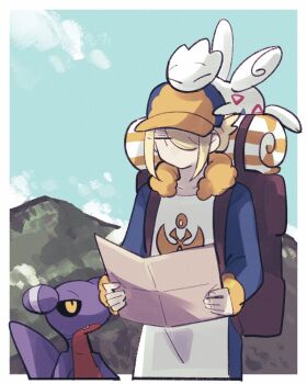 1boy backpack bag black_sclera blonde_hair closed_eyes cloud colored_sclera commentary_request day gabite gen_2_pokemon gen_4_pokemon ginkgo_guild_uniform hair_over_one_eye hat holding holding_map long_sleeves male_focus map nintendo outdoors pokemon pokemon_(creature) pokemon_legends:_arceus sky togetic volo_(pokemon) zowpltvujg13047