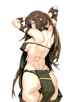 1girl absurdres arm_strap arms_up ass back bare_shoulders bikini black_bikini blush breasts brown_hair choker commentary earrings fate/grand_order fate_(series) highres jewelry large_breasts long_hair looking_at_viewer looking_back minew pelvic_curtain red_eyes ribbon_trim solo swimsuit very_long_hair yu_mei-ren_(fate) yu_mei-ren_(second_ascension)_(fate)