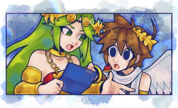 1boy 1girl ahoge angel angel_wings brown_hair chain derivative_work drop_shadow gold_chain green_eyes green_hair handheld_game_console highres holding holding_handheld_game_console kid_icarus kid_icarus_uprising kid_icarus_uprising_tutorial_redraw_(meme) laurel_crown meme nintendo nintendo_3ds open_mouth palutena pit_(kid_icarus) santurn scarf upper_body watermark white_scarf wings