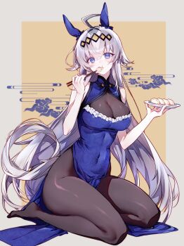 Rule 34 | 1girl, absurdres, ahoge, alternate costume, animal ears, bare arms, black bodysuit, black pantyhose, blue dress, blue eyes, blush, bodysuit, breasts, china dress, chinese clothes, cleavage cutout, clothing cutout, cloud print, commentary request, covered navel, diamond (shape), diamond hairband, dress, dumpling, eating, food, grey hair, grey tail, hair between eyes, highres, holding, holding plate, horse ears, horse girl, horse tail, jiaozi, large breasts, long hair, looking at viewer, oguri cap (umamusume), outside border, pantyhose, pelvic curtain, plate, see-through cleavage, see-through clothes, seiza, sitting, sleeveless, sleeveless dress, solo, tail, tuwu (user yvte3782), umamusume, yellow background