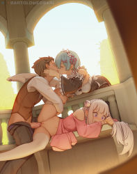 1boy 2021 2girls artist_name bare_shoulders bartolomeobari belt bent_over black_hair black_pants blue_hair breasts brown_vest cleft_of_venus closed_eyes clothes_lift clothes_pull commentary day detached_sleeves dress dress_lift emilia_(re:zero) english_commentary ffm_threesome flower frilled_sleeves frills gazebo group_sex hair_flower hair_ornament hetero kiss leg_grab leg_lift leg_up long_hair long_sleeves lying maid maid_headdress male_pubic_hair medium_breasts missionary multiple_girls natsuki_subaru no_shoes open_belt open_mouth pants pants_pull penis pink_dress pointy_ears pubic_hair purple_eyes pussy re:zero_kara_hajimeru_isekai_seikatsu rem_(re:zero) roswaal_mansion_maid_uniform sex shirt short_hair spread_legs thighhighs threesome toe_scrunch twitter_logo uncensored vaginal vest watermark white_hair white_shirt white_thighhighs wide_sleeves x_hair_ornament