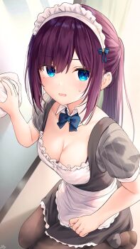 1girl apron black_dress black_pantyhose blue_bow blue_bowtie blue_eyes bow bowtie breasts cleaning cleavage detached_collar dress frilled_apron frills highres kneeling long_hair looking_at_viewer maid maid-chan_(ramchi) maid_apron maid_headdress medium_breasts mole mole_under_eye original pantyhose parted_lips ponytail purple_hair ramchi sidelocks solo sweatdrop swept_bangs waist_apron white_apron