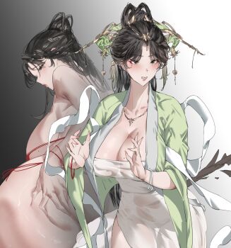 1girl absurdres ass ass_grab bikini black_hair blush bracelet breasts chinese_clothes cleavage dress hair_ornament hanfu highres jewelry large_breasts long_hair looking_at_viewer mole mole_on_breast mole_under_eye multiple_views necklace original parted_lips red_bikini see-through_clothes see-through_dress shan3143311380 shawl swimsuit white_dress