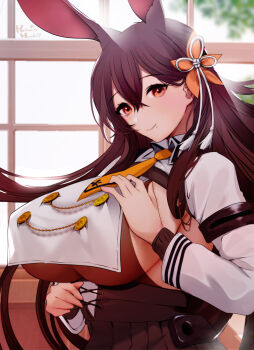 1girl animal_ears azur_lane black_hair black_skirt bodystocking breast_curtains breasts brown_eyes button buttons chain chikuma_(azur_lane) clothing_cutout collared_shirt hachimitsu_hinako hair_between_eyes hair_ornament hand_on_own_chest high-waist_skirt japanese_clothes large_breasts long_hair long_sleeves looking_at_viewer looking_to_the_side mole mole_under_mouth necktie rabbit_ears rabbit_girl shirt side_cutout sideboob skirt smile upper_body window