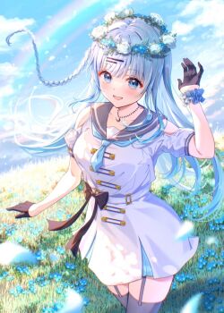 1girl black_bow black_bowtie black_gloves blue_eyes blue_flower blue_hair blush bow bowtie braid breasts cloud collar collarbone dress falling_petals flower garter_straps gloves grass grey_sailor_collar grey_thighhighs hair_ornament hairclip half_gloves head_wreath highres jewelry long_hair medium_breasts necklace open_mouth outdoors petals project_nebula rainbow sailor_collar second-party_source sky solo thighhighs toki_(toki_ship8) usui_yura virtual_youtuber white_dress white_flower