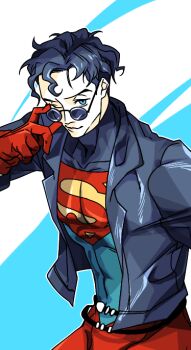 1boy animification black_hair blue_eyes bodysuit dc_comics jacket kon-el male_focus nimby solo spandex sunglasses superboy young_justice