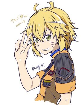 Rule 34 | 1girl, antenna hair, argo the rat, argo the rat (sao:fb), artist name, asagi501, black jacket, blonde hair, blue trim, brown jacket, commentary request, cropped torso, double-parted bangs, facial mark, grin, hair between eyes, hand up, jacket, looking at viewer, medium hair, messy hair, multicolored jacket, orange jacket, short sleeves, simple background, smile, solo, sword art online, sword art online: fatal bullet, translation request, twitter username, w, whisker markings, white background, yellow eyes