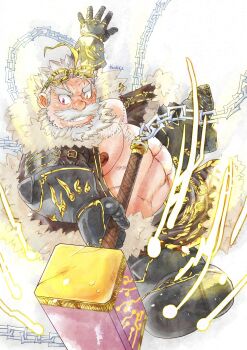 1boy abs bara bare_pectorals beard character_request commentary_request facial_hair from_side full_beard goggles goggles_on_head grey_hair grin hammer highres holding holding_hammer large_pectorals live_a_hero male_focus mature_male muscular muscular_male mustache navel navel_hair nipples old old_man pectorals pelvic_curtain revision short_hair smile solo stomach strongman_waist thick_beard thick_mustache tko344g wrinkled_skin