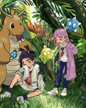 1boy 1girl arms_behind_back assassinookayu berry_(pokemon) black_hair blush closed_eyes day dragonite eating food food_on_face forest gen_1_pokemon gen_7_pokemon grass highres holding jacket kieran_(pokemon) lacey_(pokemon) leaf long_sleeves minior minior_(blue_core) minior_(core) minior_(yellow_core) mole mole_on_neck nature nintendo one_eye_closed open_clothes open_jacket open_mouth outdoors pants pokemon pokemon_(creature) pokemon_sv purple_hair shirt shoes shorts sitting standing towel towel_around_neck tree white_shoes yellow_eyes