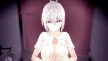 1boy 3d 3girls ahoge alisa_mikhailovna_kujou alternate_costume alternate_hairstyle animated animated_gif bathroom blinking blue_eyes breasts breasts_out breasts_squeezed_together breath closed_mouth clothes_lift eyebrows_hidden_by_hair grabbing_own_breast gym_shirt gym_shorts gym_uniform hetero indoors kneehighs koikatsu_(medium) large_breasts long_hair looking_at_viewer multiple_girls nipples official_alternate_costume official_alternate_hairstyle open_mouth paizuri penis ponytail pov pov_crotch public_bathroom raised_eyebrows reflection reflective_floor school_uniform shadow shinaosumata shirt shirt_lift short_sleeves shorts sidelocks sitting skirt socks stealth_sex stomach toilet_paper toilet_stall tokidoki_bosotto_roshia-go_de_dereru_tonari_no_alya-san upper_body vignetting walking white_hair white_shirt