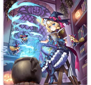 1girl alice_margatroid alternate_costume artist_request black_boots black_hat blonde_hair blue_eyes blue_gloves book bookshelf boots bow bowtie broom broom_riding cauldron commentary_request doll dress game_cg gloves grimoire halloween_costume hat hat_bow holding holding_book holding_test_tube indoors jack-o'-lantern jack-o'-lantern_print knee_boots lace-up_boots matching_shanghai non-web_source official_art pink_bow pink_bowtie pouring print_dress puffy_short_sleeves puffy_sleeves second-party_source shanghai_doll short_sleeves sitting solo test_tube touhou touhou_arcadia_record transparent_background witch witch_hat