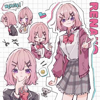 Rule 34 | 2girls, = =, amaori haruna, amaori renako, ashigaya high school uniform, blush, bow, bowtie, closed eyes, collared shirt, commentary request, hair ornament, hairclip, hand on own face, highres, jacket, koala, medium hair, multiple girls, multiple views, neckerchief, noa lv6, open mouth, parallel hairclips, pink hair, ponytail, purple eyes, red bow, sailor collar, school uniform, scissors, serafuku, shirt, short hair, siblings, sisters, skirt, smile, smiley face, v, watashi ga koibito ni nareru wake naijan murimuri!, white shirt, x hair ornament, yellow neckerchief