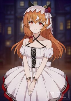 1girl absurdres alternate_costume animal_ears brown_hair collarbone highres horse_ears horse_girl night red_eyes ryochan96154 smile solo still_in_love_(umamusume) town umamusume veil white_streaks white_veil