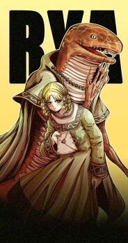 1girl :> absurdres alternate_form blonde_hair braid braided_hair_rings character_name docurro dress elden_ring green_dress hair_rings hashtag-only_commentary highres holding holding_letter hunched_over letter ornate_clothes reptile_girl rya_(elden_ring) slit_pupils slouching snake_girl