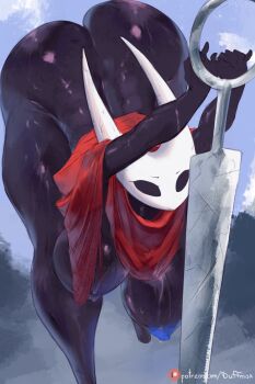 1girl 2025 absurdres arched_back artist_name ass ass_focus bent_over black_eyes black_skin blush breasts cloak colored_skin commentary curvy duffmox english_commentary female_focus forest full_body hanging_breasts highres holding holding_weapon hollow_eyes hollow_knight hollow_knight:_silksong horned_mask hornet_(hollow_knight) huge_ass huge_breasts kneepits mask muscular_legs nature needle_(hollow_knight) nipples nude outdoors perspective planted pussy red_cloak shiny_skin solo stretching sweat thick_thighs thighs variant_set weapon wide_hips