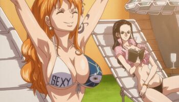 10s 2016 2girls animated animated_gif anime_screenshot backboob bead_bracelet beads bikini black_hair bouncing_breasts bracelet breasts chair cleavage cowboy_hat deck_chair evening female_focus floral_print flower folding_chair hair_ornament happy hat huge_breasts jewelry large_breasts long_hair lying multiple_girls nami_(one_piece) navel nico_robin on_stomach one_piece one_piece_special:_episode_0 orange_hair reading shiny_skin shirt side-tie_bikini_bottom stretching sunbathing swimsuit tagme tattoo thong thong_bikini tied_shirt umbrella white_hat wide_hips
