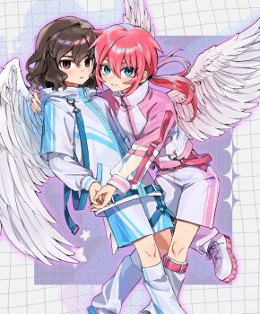 2boys angel_wings belt blue_eyes blush brown_eyes brown_hair buckle dei_(d4y393) grid_background hair_between_eyes hand_on_another's_shoulder highres hood hood_down inazuma_eleven_(series) inazuma_eleven_go kirino_ranmaru knees korean_commentary layered_sleeves leg_warmers long_hair looking_at_viewer low_twintails male_focus matching_outfits medium_hair multiple_boys open_mouth pink_hair see-through_clothes see-through_sleeves shindou_takuto shorts smile strap track_suit twintails wavy_hair wings zipper
