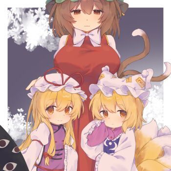 3girls :&lt; :3 aged_down aged_up animal_ears blue_tabard bow bowtie breasts brown_eyes brown_hair cat_ears cat_girl cat_tail chen collar dress earrings flower fox_girl fox_tail gap_(touhou) gold_earrings green_hat grey_background hair_bow hat highres jewelry juliet_sleeves large_breasts light_blush long_hair long_sleeves medium_hair mob_cap multiple_girls multiple_tails ofuda ofuda_on_clothes puffy_sleeves purple_collar purple_tabard red_bow red_dress red_ribbon ribbon role_reversal smile tabard tail touhou two_tails white_bow white_bowtie white_dress white_flower white_hat white_sleeves yakumo_ran yakumo_yukari yellow_eyes yuanyuanshao