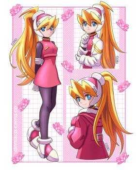 1girl black_bodysuit blonde_hair blue_eyes bodysuit ciel_(mega_man) coat commentary deniacp english_commentary full_body high-waist_skirt high_ponytail highres lab_coat long_hair mega_man_(series) mega_man_zero_(series) multiple_views pink_coat pink_shirt pink_skirt ponytail shirt skirt upper_body white_background white_coat