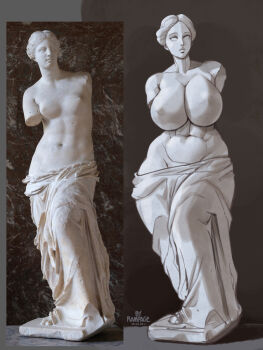 1girl abs alternate_breast_size alternate_muscle_size artist_name breasts collarbone dated fine_art_parody highres huge_breasts missing_limb navel nipples parody photo_inset rampage_(leedash2) reference_inset short_hair statue topless_female venus_de_milo wide_hips