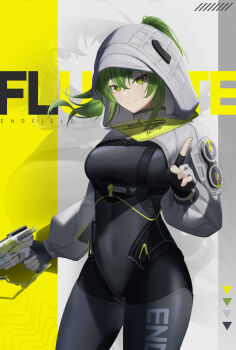 1girl absurdres arknights arknights:_endfield black_bodysuit black_gloves bodysuit breasts character_name chinese_commentary closed_mouth clothes_writing commentary_request cowboy_shot fingerless_gloves floating_hair fluorite_(arknights) gloves green_eyes green_hair grey_hood gun hair_between_eyes handgun highres holding holding_gun holding_weapon hood hood_up index_finger_raised long_hair long_sleeves looking_at_viewer medium_breasts reeper_gtr smile solo standing weapon zoom_layer