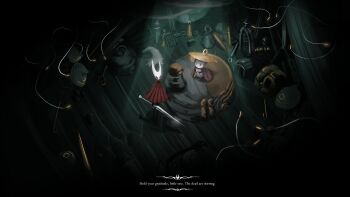 1boy 1girl absurdres arthropod_boy arthropod_girl bell black_eyes black_skin cape choir_bellbearer_(hollow_knight) cloak colored_skin english_text full_body hat highres holding holding_instrument holding_weapon hollow_eyes hollow_knight hollow_knight:_silksong horned_mask hornet_(hollow_knight) horns in-universe_location indoors instrument mask needle_(hollow_knight) red_cloak rinneg0ne_art sherma_(hollow_knight) standing thread weapon white_mask